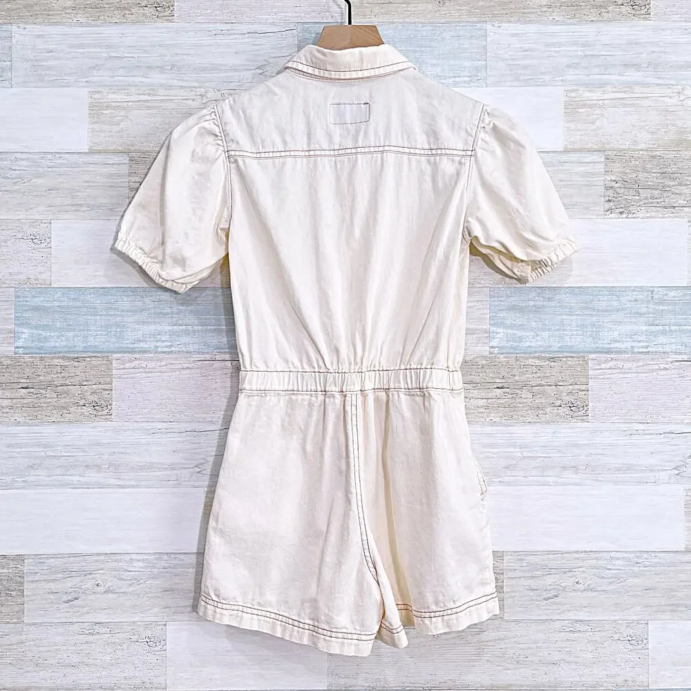 Old Navy Puff Sleeve Button Front Romper Cream Cotton Casual Girls Large 10 12